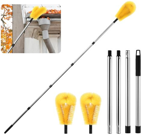 Gutter Cleaning Brush Roofing Tool,2-in-1 Gutter Cleaning Tools with 2 Gutter Brush 8Pcs Telescopic Extendable Pole 10ft,Gutter Cleaner Easy Remove Leave,Gutter Cleaning Tools for Cleaning Leaves