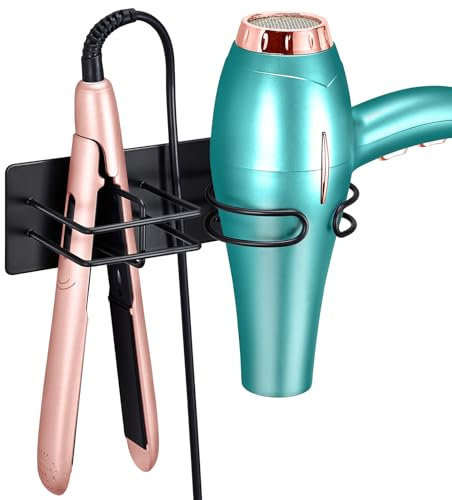 XILIMEN Hair Dryer and Straightener Holder Wall Mounted, Self Adhesive Metal Blow Dryer and Flat Iron Curler Storage Organiser Stand for Dressing Table Bathroom (Black)