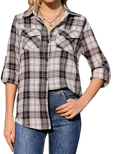 Totatuit Womens Long Sleeve Checked Shirt Flannel Button Down Blouse