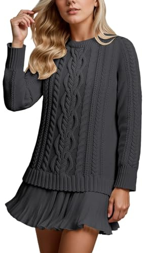 Robe pull pour femme avec jupe en dentelle - Robe en tricot torsadée élégante - Robe d'automne - Pull chaud - Pull en laine - Col rond - Mini robe plissée - Patchwork - Pull à motif torsadé, Noir , XL
