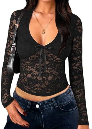 LEBOOBELL Chemises en Dentelle pour Femmes Sexy à Manches Longues Col en V Crop Tops en Maille Tenues Tendance Mignonnes Y2K pour l'automne Noir S