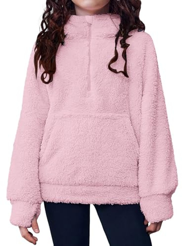 Felpa con cappuccio in pile double-face con mezza cerniera, da ragazza, con tasca a marsupio, stile casual, rosa, 11-13 Anni