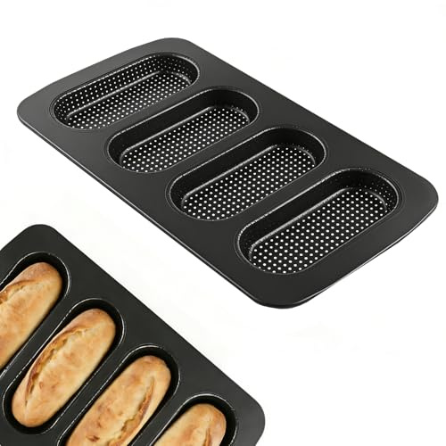 Cxomnndiw 2-Pack Hot Dog Bun Pan Baguette Bread Pan, Carbon Steel Non-Stick Perforated Tray for Making Baguettes Hot Dog Buns
