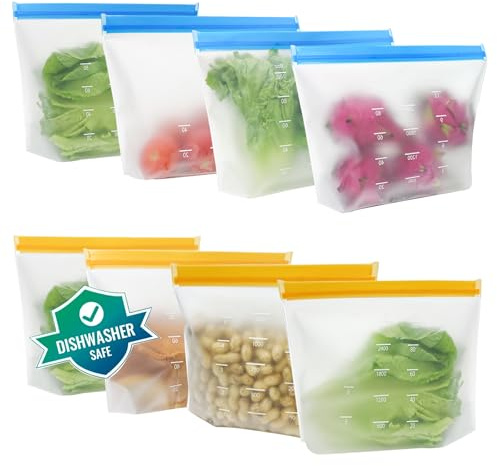 Lot de 8 sac congelation reutilisable et Stand Up,3.2L Sac congelation en silicone sans BPA, Sacs de rangement en silicone réutilisables Étanches pour Ranger Légumes, Fruits,Sandwich, LéGumes, Viandes