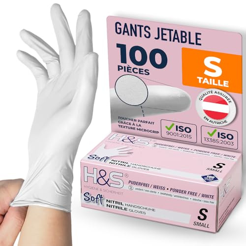 ISC Hygiene & Safety nitrilhandskar S, engångshandskar, engångshandskar, matlagningshandskar livsmedel - 100 st storlek 7 small vit - puderfri latexfri - gummihandskar engångs | Nitrilhandske för mat och mekanisk användning, puderfri, latexfri, känslig hud