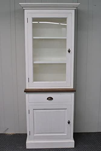 Nijwie Furniture Armario con vitrina de estilo rústico, madera de teca maciza cepillada, color blanco