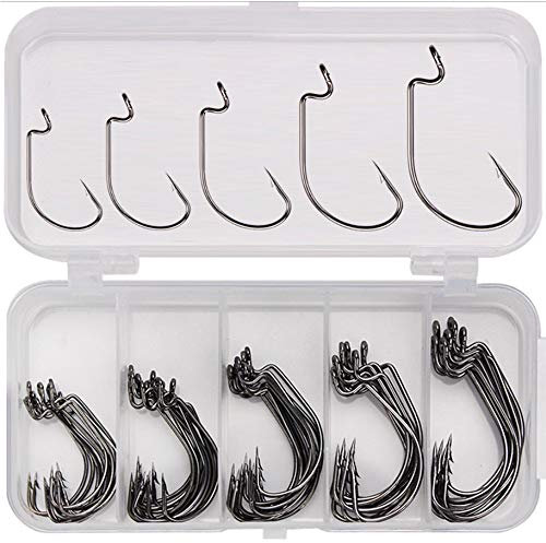 AMACOAM Angelhaken Set Offset Haken Offset Wurm Angeln Haken mit Kunststoffboxen High Carbon Stahl Würmer Haken für Gummiköder Gummifische Jigs Creature Köder, Salzwasser Angelhaken Angelzubehör 50Pcs