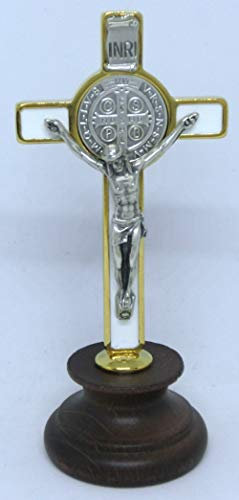 GTBITALY 10.006.21 croce di san benedetto smalto bianco dorato oro smaltato a mano su base legno