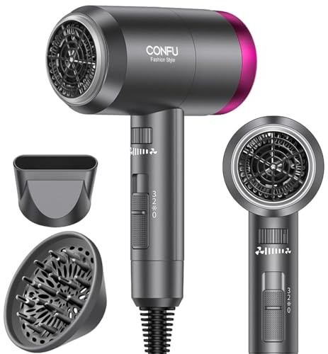 CONFU Ionic Blow Dryer 1600W, Portable Lightweight Fast Drying Negative Ion Hairdryer Blowdryer, 3 Heat Settings & Infinity Speed, with Diffuser and Concentrator Nozzle for Home & Travel