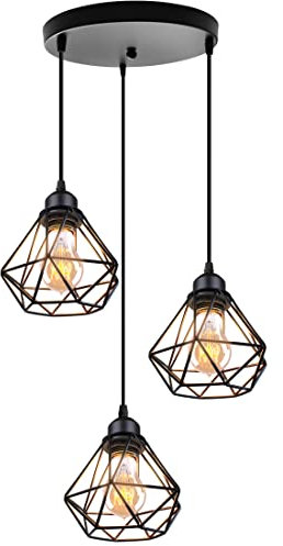TOKIUS Pendelleuchte 3-flammig Vintage Industrial Hängelampe mit Geometrischem Design E27 Lampe aus Eisen Käfig Lampenschirm Schwarz Hängeleuchte für Esstisch Küche (Pendellampe, Rondell)