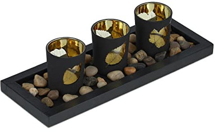 Relaxdays Teelichthalter Set mit Tablett & Steinen, 30 cm lang, Tischdeko Wohnzimmer, Esszimmer, Teelichtgläser, schwarz