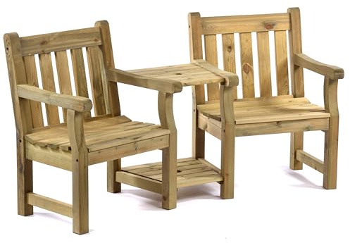 BrackenStyle Companion Bench Jack and Jill Love Seat - 2 Person Outdoor Garden Patio Chair with Parasol Hole & Table - Durable Dip Treated Pine Wood