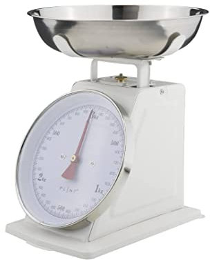 PLINT New 3KG Traditional Weighing Kitchen Scale avec bol en acier inoxydable, rétro Scales Mécanique Vintage, Rétro Food Scales with Large Metal Bowl (Blanc)