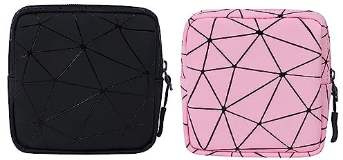 2 stycken dambindor förvaringsväska, meningsväska skola flicka, tampongsbindor förvaring, med dragkedja, för flickor resor, geometriska sömmar, liten, bärbar, stor, svart, rosa