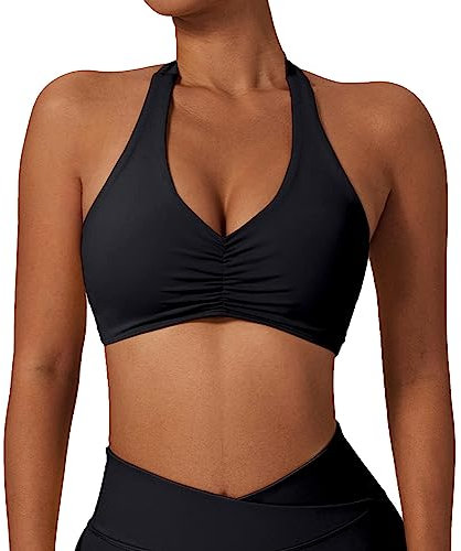 Litthing Sports Bras Women Sexy Halter Neck Bralette Solid Color Gym Camisole Quick Drying Elastic Mid Impact Support Running Tops Vest with Removal Pads for Yoga Workout Fitness Casual Black