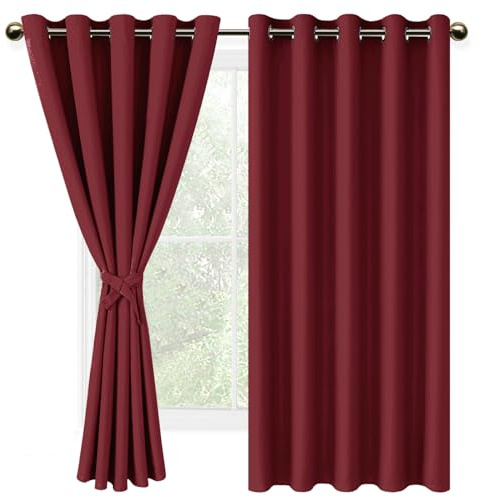 DWCN Blackout Curtains with Tiebacks for Bedroom Thermal Insulated Solid Eyelet Curtains for Living Room,2 Panels,66 Wide x 72 Drop Burgundy