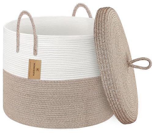 HONCESTA 18 X18“ X 14 Large Storage Basket with Lid, Blanket Basket Living Room, Woven Cotton Rope Storage Box, Lidded Kids Dog Toy Bin, Wicker Laundry Basket, Blankets Pillows Organizer Holder
