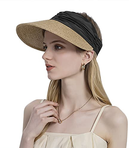 JIAHG Casquette Visière Femme en Paille UV Protection Chapeau de Paille d'été Haut Vide Extensible Chapeau de Soleil Chic pour Voyage Camping Randonné Cyclisme Golf