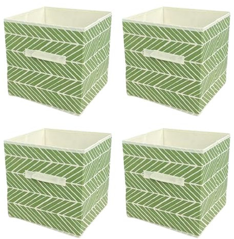 JF HOME BLISS 4 Pcs Cube Storage Box Collapsible Organizer Bin 27x27x28cm Cubes Fabric Storage Bins with Handles Open-Top Toys Box for Closet Shelves Drawer Bedroom Green Striped