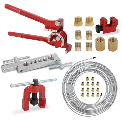 Bremsleitung Bördelgerät. 7.6m 4.7mm Verkupferte Bremsleitung (16 Verschraubungen+ 4 Verbinder), Bremsleitungsbieger, Werkzeuge für doppelte Einfach Flare-Verbindungen，Rohrtrennmaschine