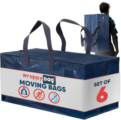 Wrappybag Borse Trasloco Resistenti XXL in Set da 6 - Ideali come Sacchi per Trasloco e Borse Salvaspazio - Idrorepellenti e con Maniglie Rinforzate - Per Vestiti e Biancheria - 76x36x38 cmpè