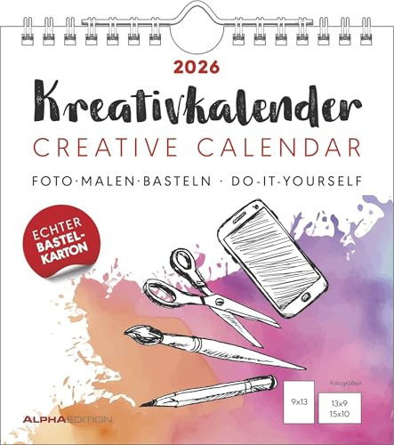 Alpha Edition - Kreativ-Kalender S Weiß 2026 – Bastelkalender 16×17 cm mit Platz für Fotos & eigene Gestaltung, weißer Hintergrund, auch als Tischkalender nutzbar, ideal für kreative DIY-Geschenke