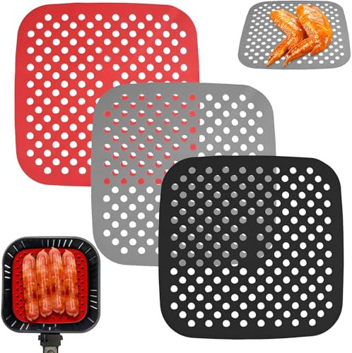 3 Stück Silikonmatte Für Heißluftfritteuse, Quadrat Silikonmatten,Matten Für Luftfritteuse,Wiederverwendbar Luftfritteuse Liner, Gelochtes Silikonbackpapier, Für Zuhause,Restaurant (21.5cm,Quadrat)