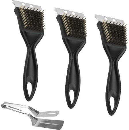 APOMOONS 3pcs Cepillo Barbacoa de Latón para Parrilla con 1pcs Pinza de Acero Inoxidable para Parrilla,3IN1 Cepillo Barbacoa de Latón para Parrilla con Raspador para Barbacoa y Limpieza de Parrillas