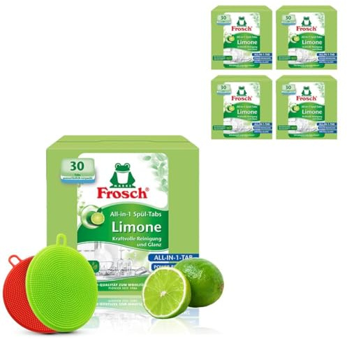Frosch All-in-One Geschirrspültabs Limone 30 Tabs, 4er Pack (4 x 30 Tabs) + BAMALUN Hygiene Silikonschwamm - Set für kraftvolle und nachhaltige Reinigung & Glanz - Umweltfreundliche Verpackung