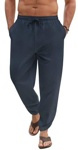 Voqeen Pantaloni Uomo Estivi Pantaloni Larghi in Cotone Casual da Spiaggia Pantalone Leggero dalla vestibilità Ampia Pantaloni Chino con Elastico in Vita E Gambe Larghe con Tasche