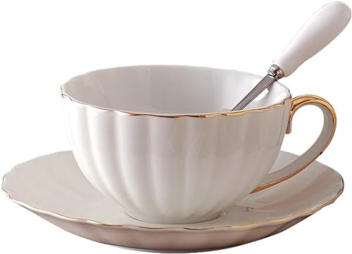YBK Tech Ceramic Coffee Cup and Saucer Set, 6.8oz Coffee Cup with Gold Rim
