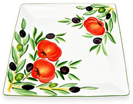 Lashuma Eckige Aufschnittplatte Keramik, Handgemachter Servierteller 27x27 cm, Gourmetplatte Design: Tomate Olive