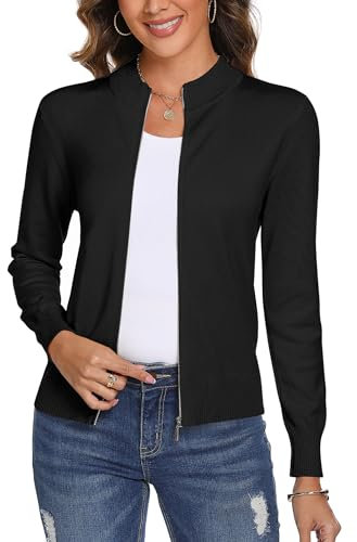 Aottori Damen Langarm Stehkragen Strickjacke Pullover Cardigan mit Reißverschluss Sweatshirt Casual Einfarbig Strickmantel Freizeit Jacket Outerwear Schwarz L