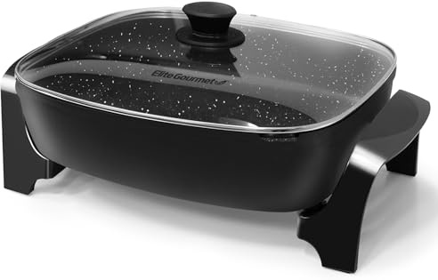 Elite Gourmet EG-6203# Extra Deep 16x13x3.2 (10.5Qt.) Scratch Resistant, Easy Pour Spout Dishwasher Safe, Non-stick Electric Skillet with Glass Vented Lid, Adjustable Temperature, Black
