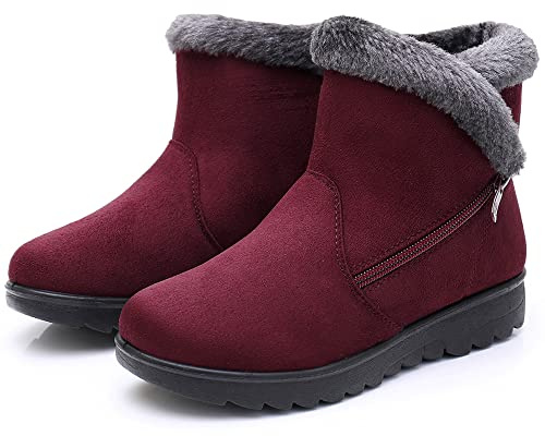 Hsyooes Stivaletti Donna Stivali da Neve con Pelliccia Caldo Scarpe Boots Invernali Antiscivolo Caviglia Piatto Stivaletti All'aperto Comodi Leggeri,Rosso,Produttore 255/EU40