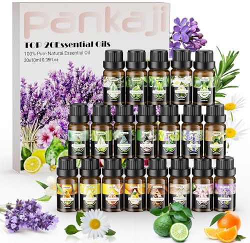 Ätherische Öle Set, pankaji 20 x10mL Aroma Diffuser Öle, 100% Naturrein Geschenkset Duftöle für Diffuser, Humidifier, Massage - Lavendel, Pfefferminz, Eukalyptus, Teebaum, Ylang-Ylang, Zitronengras