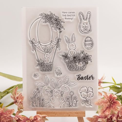 MESYGK Hot Air Balloon Rabbit Bunny Easter Eggs Flower Clear Stamps Transparent Silicone Stamp Album Cards Rubber Stamp for Card Making Decoration and DIY Scrapbooking