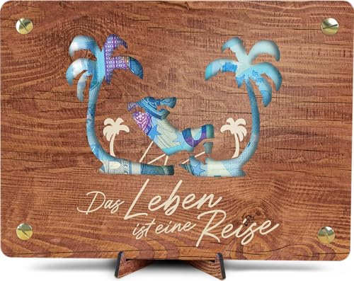Reisegutschein - XL Geldgeschenk aus Holz inkl. Ständer | Urlaub - Reise Geschenk, Gutscheinkarte Für Urlaub, Lustiges Geldgeschenk Für Reisekasse, Strand, Urlaub Am Meer