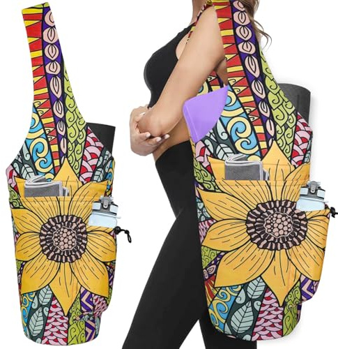 Yoga Mat Bag - Large Opening Long Tote Yoga Mat Carrier Holder Bag with Waterproof Wet Zipper Pocket and Drawstring Water Bottle Pocket - Yoga Bag Fit Most Size Mats - Sunflower