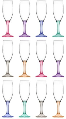 LAV 190ml Misket Glass Champagne Flutes - Coloured Stem - 12x Reusable Wedding Anniversary Birthday Hen Party Prosecco Wine Cocktail Glasses Set