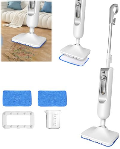 Steam Mop, Balai Automatique à Vapeur et à Récurer, 2 Patins Microfibre, 2 Réglages Vapeur, Assainit, élimine Taches et Saleté, Utilisation sur tous les sols durs scellés, blanc et gris