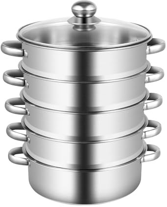 5 Tiers Stainless Steel Steamer Pan for Cooking, Stock Pot with Handles, Glass Lid, for Gas Stove, Furnace, Electric Halogen Oven Induction Hob, Silver, 26cm