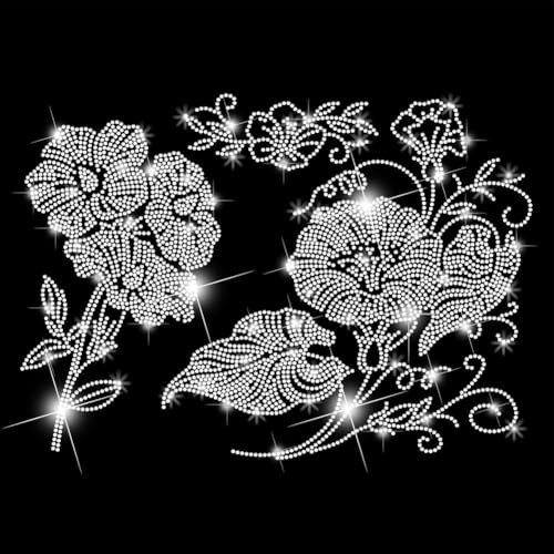 SUPERDANT Morning Glory - Calcomanías de transferencia de calor con diamantes de imitación para planchar con flores, parches de diamantes de imitación brillantes para camisetas, ropa, bolsos,