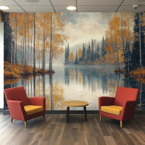 Wallpaper Lake Forest Wall Mural, Autumn Trees Beautiful Scenery Photo Wallpaper for Living Room Bedroom, 400 x 280 cm &WQ1