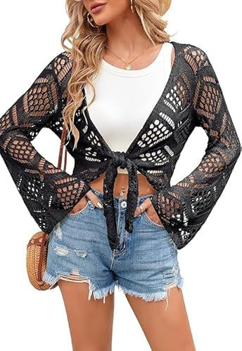 Saodimallsu Veste en tricot pour femme d'été, col en V, style boho, tops oversized, manches longues, pull en tricot, sexy, crochet, cardigan, couvre-maillot de bain, idéal pour la plage, Noir , S