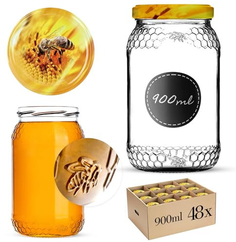 KADAX Lot de 48 bocaux à miel de 1260 g (900 ml) avec couvercle de 82 mm de diamètre pour aliments, confiture, fruits, bocaux de conservation, verre à visser neutre