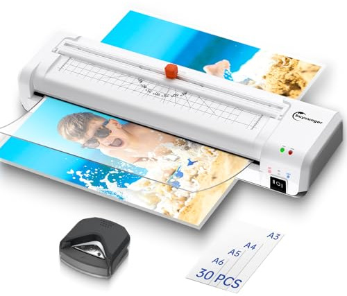 A3 Laminator Machine, 90s Fast Warm Up, Hot & Cold Mode, Built-in Cutter & Corner Rounder, Anti-Jam ABS, with 30 Pouches (A3/A4/A5/A6) for Home Office School
