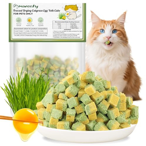 Havenfly Freezed-Dried Cat Grass Treats, Catgrass Egg Yolk Duo Bites, Cat Dental Treats for Hairball Control and Healthy Coat, Cats Teething Stick (60g, Eggyolk)