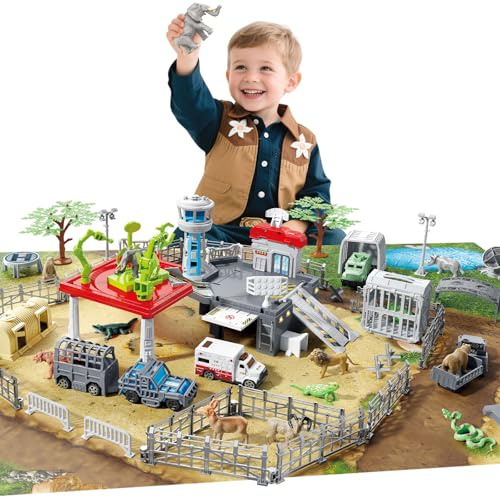 deAO 49 PCS Kit di Giocattoli per Salvare gli Animali, Figurine Realistiche di Animali con Mappa, Giocattolo di Plastica della Giungla per Bambini dai 3 Anni Bambini e Bambine