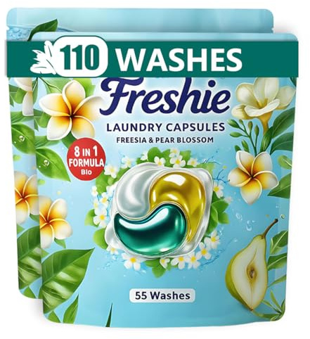 Bio Washing Pods - Laundry Detergent Pods 110 Washes, Fresh Freesia & Pear Blossom Scent - Powerful Stain Removal, Gentle on Skin, Freshness that Lasts and Lasts
